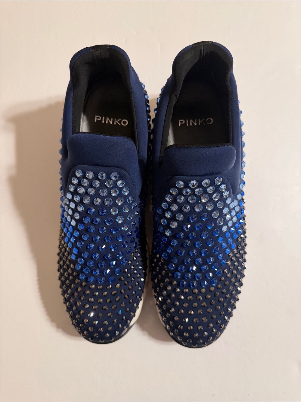 Pinko Navy Slip-On Loafers with Different Color Blue Crystal Studs Size 8 or 8.5